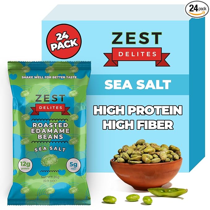 Crunchy Dry Roasted Edamame Beans Snack by Zest Delites, Sea Salt, Vegan, Low Calorie (110cal) High Protein Snacks (12g), Low Carb, Keto, Gluten Free, 0.9 oz 24 Packs