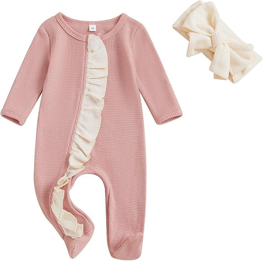 Newborn Girl Clothes Baby Girl Coming Home Outfit Zipper One-piece Outfits Ruffle Footie Bodysuit Jumpsuit Headband