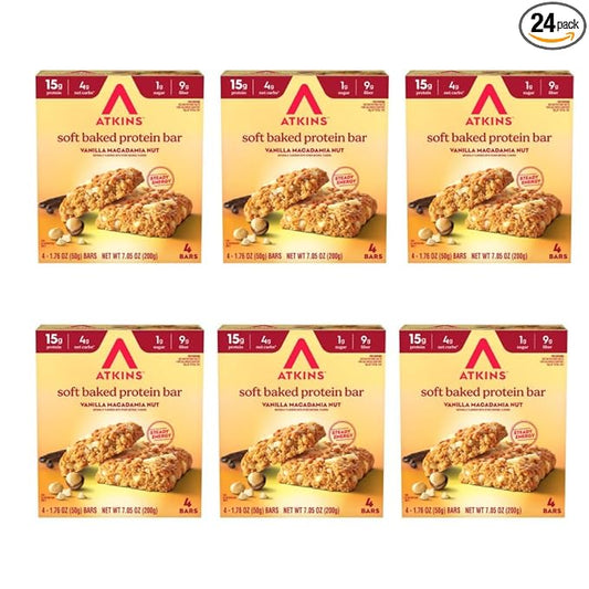 Atkins Soft Baked Protein Bars, Vanilla Macadamia Nut, 15g Protein, 2g Sugar, Excellent Source of Fiber, Low Carb, 6 Packs (4 Bars Each)