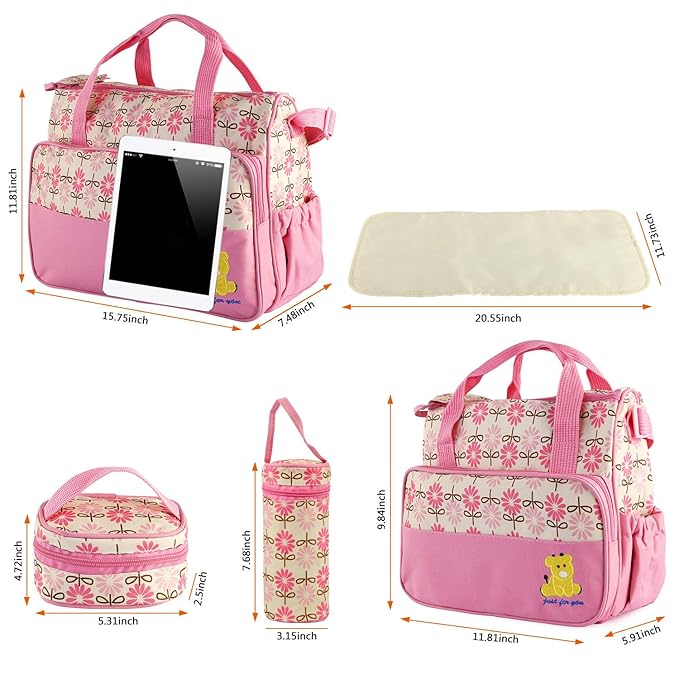 5PCS Diaper Bag Tote Set for Baby Essentials – Large Baby Bags for Mom, Waterproof Maternity Bags with Bottle Bag, Food Bag & Changing Pad (Pink)