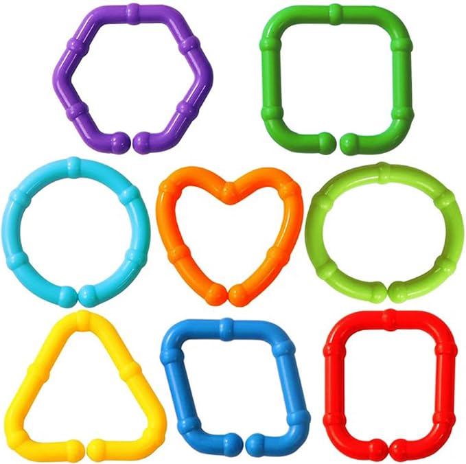 RAINBOW TOYFROG Baby Links Rings - 35 Geometric Linking Chains for Infants & Toddlers - Safe Teething and Sensory Development Toys - Car Seat & Stroller Accessories