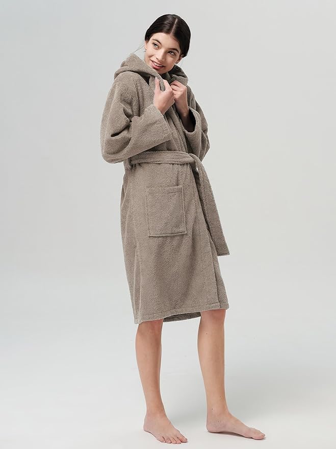 SIORO Womens Hooded Terry Cloth Robe, Cotton Absorbent Knee-Length Bathrobe, Housecoat with Pockets for Spa & Shower
