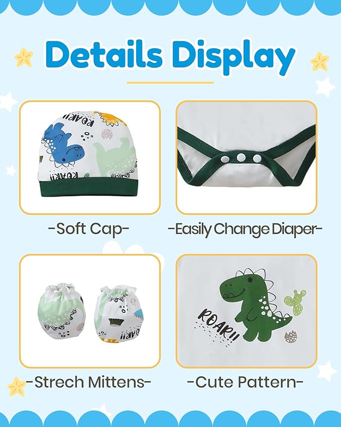 NZRVAWS Newborn Baby Boy Girl Clothes Unisex Infant Romper Pants Set Hat 4-Pack Outfits 0-12 Months 16 Pieces Toddler