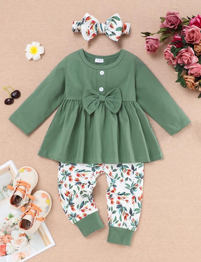 oklady Toddler Baby Girl Clothes Solid Color Ruffle Tops Floral Pants with Headband Fall Winter Cute Girl Outfits