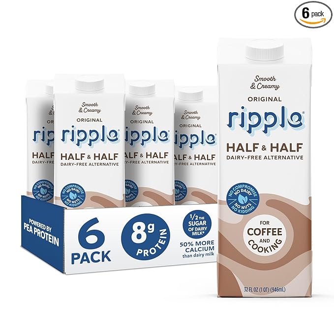 Ripple Plant Based Milk | 8g of Pea Protein | Shelf Stable | Vegan & Non GMO | Dairy, Soy, Nut, Gluten, & Lactose Free 32 Fl Oz (32 Fl Oz (Pack of 6), Half & Half)