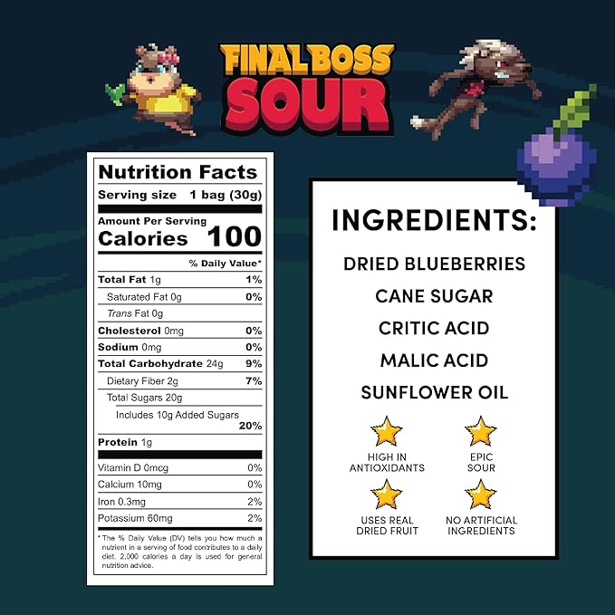 Final Boss Sour Candy, Sour Blueberries, 10 Pack, Level 3, Fruit Chews with Real Dried Fruit, No Artificial Colors or Flavors, Low Calorie Snack for Kids, Teens, Adults, Lunch Boxes & On The Go