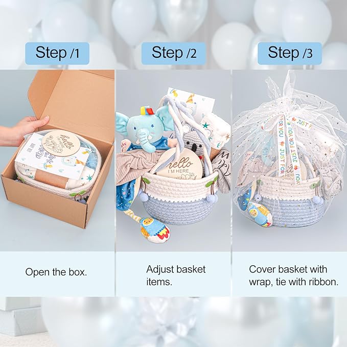 Baby Boy Gifts Basket,Baby Shower Gifts for Boys,New Born Baby Boys Gift,Gender Reveal Gifts,Unique Baby Gift Essential Stuff,Rattle Swaddle Blanket Baby Boys Gifts