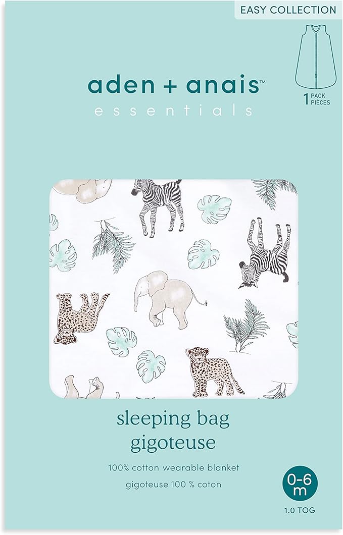 aden + anais Essentials Easy Sleeping Bag, 100% Cotton, Wearable Baby Blanket, Medium, 6-18 Months, Jungle Animals
