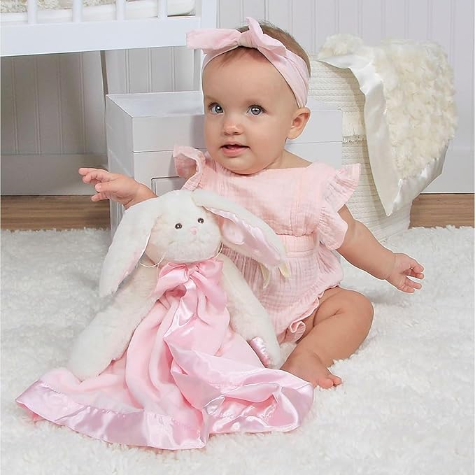 Bearington Baby Bunny Snuggler - 15 Inch Pink Rabbit Plush Stuffed Animal Security Blanket Lovey for Babies - Bunny Lovey Plush Blanket
