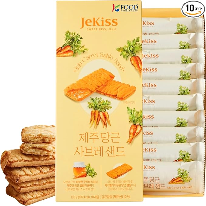 Korean Food JEKISS Jeju Carrot Sable Sand Cookies 10ea – Crunchy Butter Biscuit with Jeju Carrot Cream, Individually Wrapped Pieces, Perfect for Gifting (180g)