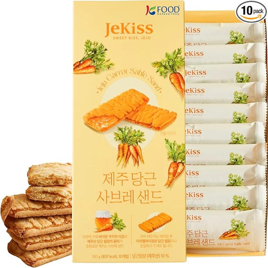 Korean Food JEKISS Jeju Carrot Sable Sand Cookies 10ea – Crunchy Butter Biscuit with Jeju Carrot Cream, Individually Wrapped Pieces, Perfect for Gifting (180g)