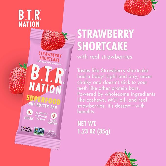 B.T.R. Nation Vegan Superfood Protein Bars - Strawberry Shortcake VITALITY | 12 Bars | Keto, Plant Based, and Gluten Free Low Carb, Sugar Alcohol Free, & Boosted with Powerful Superfood!