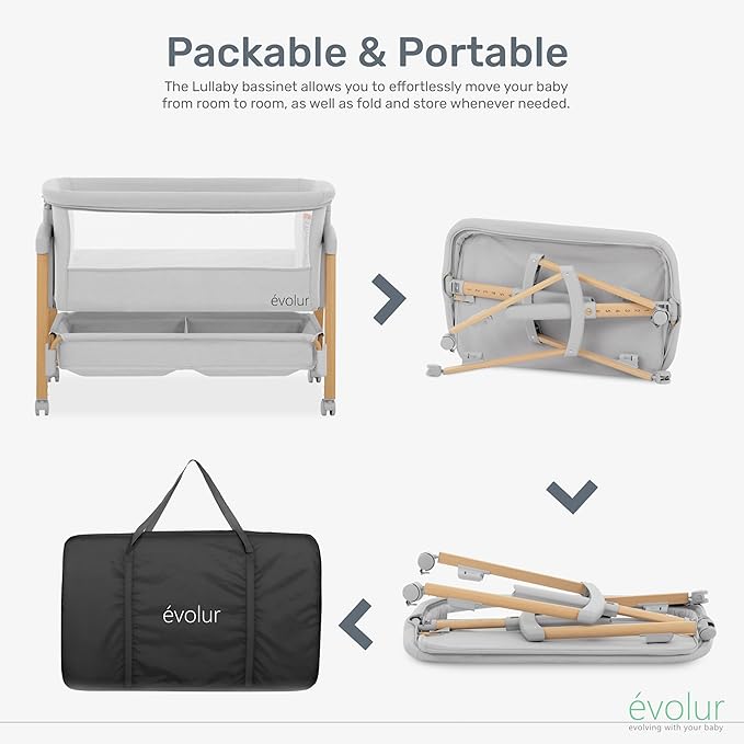 Evolur Lullaby Portable Bassinet with Wheels | Adjustable Bedside Sleeper, Breathable Mesh Sides, Large Storage Basket, Easy Fold, and Travel Bag Included | Perfect for Newborns & Infants