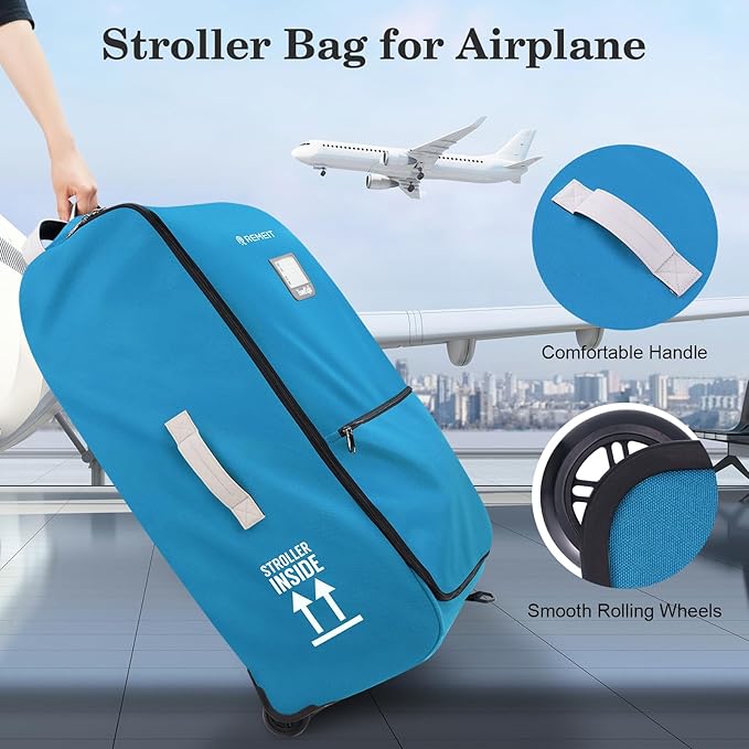 Stroller Bag for Airplane, Stroller Travel Bag Compatible with UPPAbaby Vista, Vista V2, Cruz V2, Rolling Wheel Bag with Storage Pocket, Multiple Handles, Luggage Tag for Flight Travel, Blue