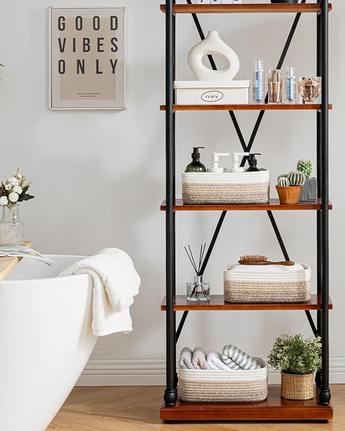 Small Woven Basket, 12 x 8 x 4.5 Inches, Storage Basket for Organizing, Cute Small Rope Shelf Closet Cube Storage Bins Baskets for Shelves, Dog Toy Gift Baskets Empty, 3 Pack Gradient Brown