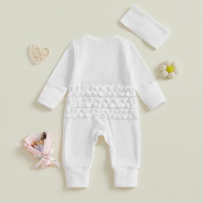 Newborn Girl Clothes Baby Girl Coming Home Outfit Zipper One-piece Outfits Ruffle Footie Bodysuit Jumpsuit Headband