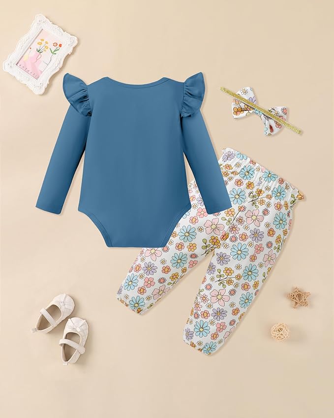Baby Girl Clothes Newborn Infant Cotton Ruffle Romper+ Floral Pants + Headband Sets Fall Winter Outfits