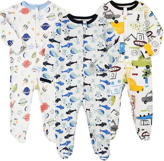 Aablexema Baby Footie Pajamas with Mittens - 3Pcs Infant Footed Sleeper Cotton Sleepwear Outfits