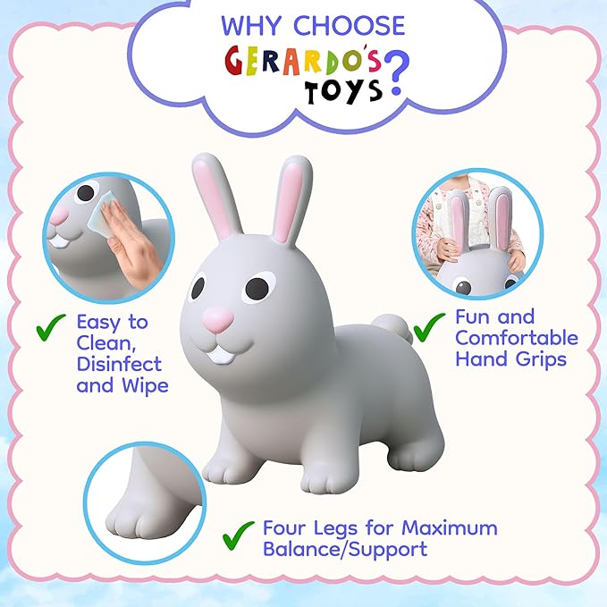 GERARDO'S Jumpy Toddler Bouncer - Animal Bouncy Bunny for Kids - Ride On Bouncy Animals for Toddlers 1-3 - Inflatable Hopper Toys for 1 + Year Old Girl or Boy - Indoor and Outdoor Birthday Gifts