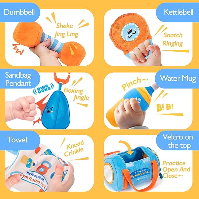 hahaland Baby Toys 6-12 Months - Baby Toys 3-6 Months Montessori Toy for 6 Month Old, Sensory Toy for Babies Workout Weights Dumbbell Toy Set with Soft Rattles Mirror, Babies Girl Boy Gifts