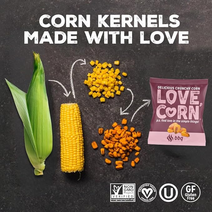 LOVE CORN BBQ 0.7oz x 20 Bags - Delicious Crunchy Corn - Healthy Family Snacks - Gluten Free, Kosher, NON-GMO - Alternative for Chips, Nuts, Crackers & Pretzels - Perfect for Charcuterie Boards