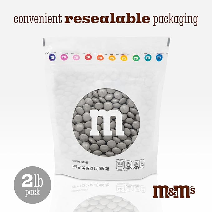 M&M’S WORLD Silver Milk Chocolate Candy Bulk - 2lbs Resealable Pack for Party Favors, Candy Bars, Weddings, Graduations, Birthday Parties, Party Favors, and More