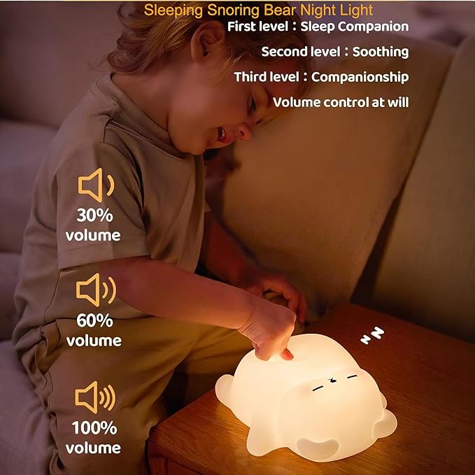 Sleeping Snoring Bear Night Light Nursery lamp for Kids,3-Level Dimmable,30Min Auto-Off Timer,Rechargeable Type-C, BPA-Free & Food-Grade Silicone for Kid Room Bedroom Decor Kids Gift