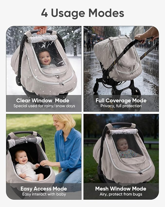 Waterproof Car Seat Cover for Baby, 2-Layer Car Seat Rain Cover with Clear Window & Sunshade & Mesh Cover, Universal Infant Carseat Canopy for Stroller, Protect from Rain and Snow - Beige