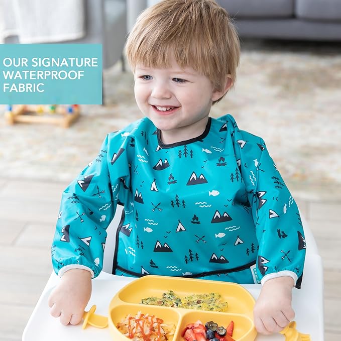 Bumkins - Sleeved Bib - For Boys & Girls, Babies & Toddlers 6-24 Months - Lightweight, Durable, Waterproof -Long Sleeve Bib -Catch-All Pocket -Wipeable & Machine Washable -Dinosaurs & Outdoors -2 Pack