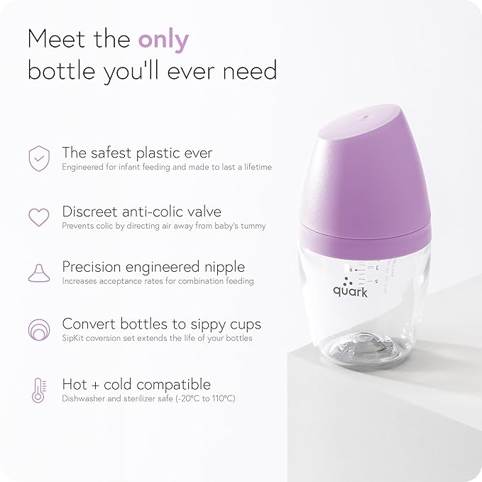 BuubiBottle Max Slow Flow Bottle for Newborn Babies by Quark - with Anti-Colic RealFeel Nipple to Simulate Breastfeeding - BPA-Free, PVC-Free, Toxin-Free - 8 Oz Bottle with Lid, 2 Pack - Purple