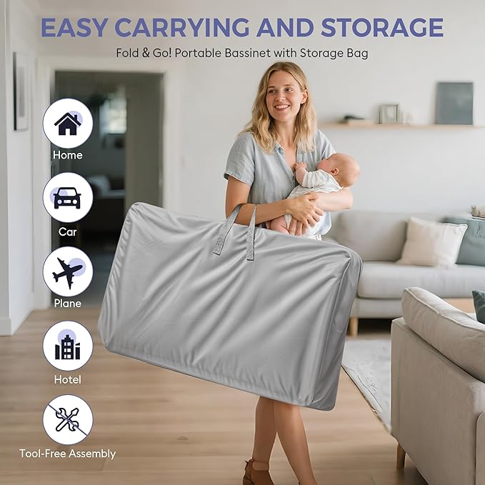 Baby Bassinet Bedside Sleeper, Upgraded Stability Bedside Crib with Full Mesh Sides, Soft Sheet, 6-Height Adjustment, Storage Basket, Easy Folding Portable Bassinet for Newborns, Gray