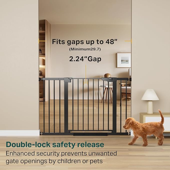 Cumbor 29.7-48" Baby Gate for Stairs, Mom's Choice Awards Winner-Dog Gate for Doorways, Auto Close Safety Pet Gate for Dogs Indoor, Easy Install Pressure Mounted Child Gate with Walk Thru Door, Black
