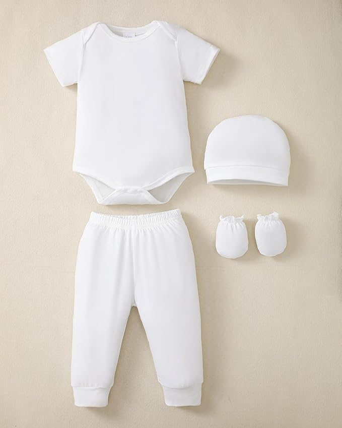 NZRVAWS Newborn Baby Boy Girl Clothes Unisex Infant Romper Pants Set Hat 4-Pack Outfits 0-12 Months 16 Pieces Toddler