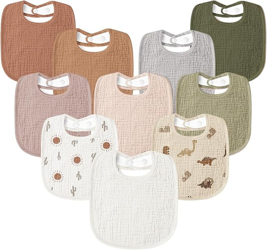 Susurration Muslin Baby Drool Bibs 10Pack Soft Square Adjustable Bandana Bibs for Unisex Baby Girls & Boys