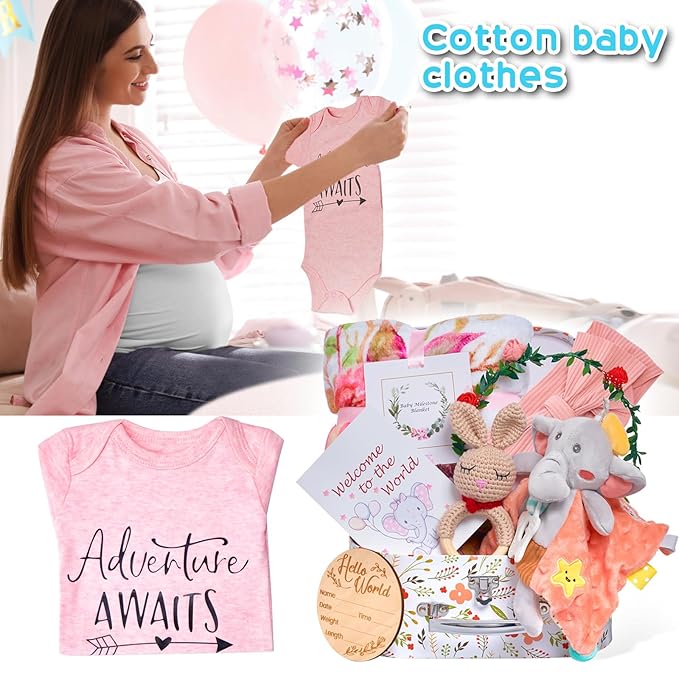 Baby Girl Gifts,Baby Shower Gifts for Girls,New Born Baby Girls Gift Sets,Welcome Baby Girl Gift Basket,Baby Milestone Blanket,Unique Baby Gift Essentials,Gender Reveal Gifts, Rattle Lovey Blanket
