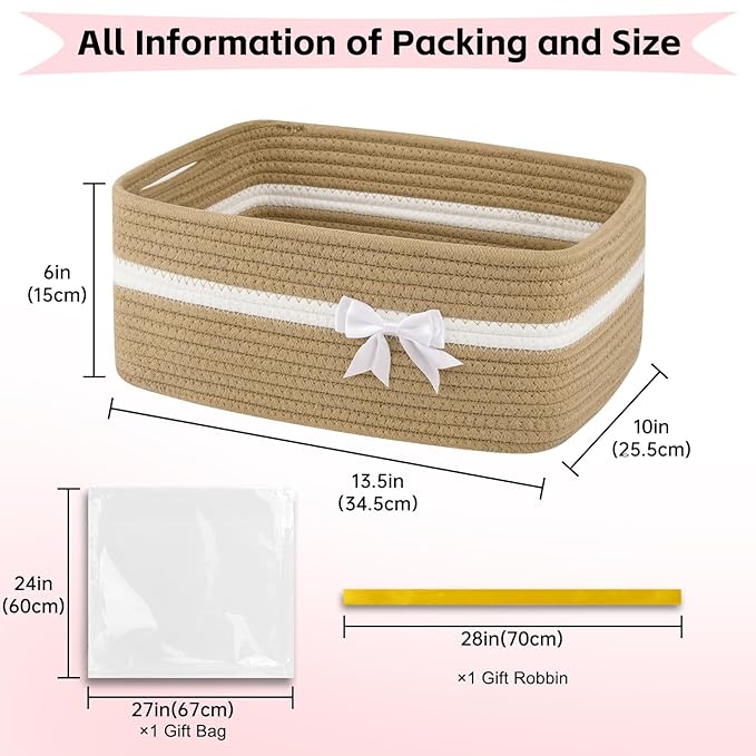 OIAHOMY Large Woven Storage Basket with Handles for Nursery Living Room Shelves, Bow Basket for Gifts Empty with Gift Bags and Ribbons for Baby Showers Pet Toy Bin - Yellow