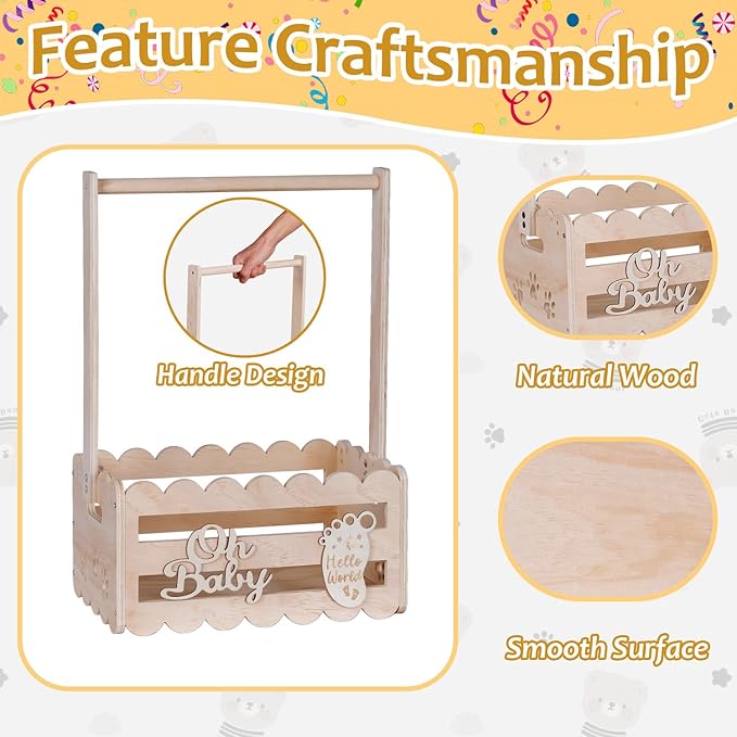 efluky Wooden Baby Shower Crate Closet with Handle,Storage Basket,Baby Clothes Hangers, Newborn Boy Girl Welcome Gift Basket