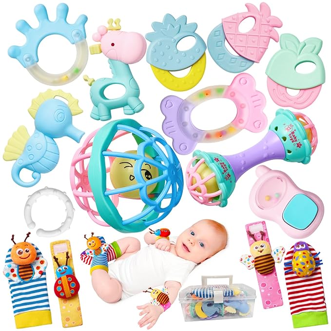 15PCS Rattles for Babies 0-6 Months - BPA-Free Baby Rattles 0-3, 6-12 Months for Newborn Soft Teething Toys Infant Toys with Wrist & Ankle Rattles, Baby Gift Set with Box for Hand-Eye Coordination