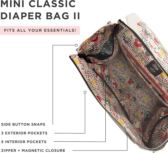 Freshly Picked Classic Mini II Diaper Bag Backpack, Wipeable Vegan Leather Disney, 8 Pockets (Mickey Mania)