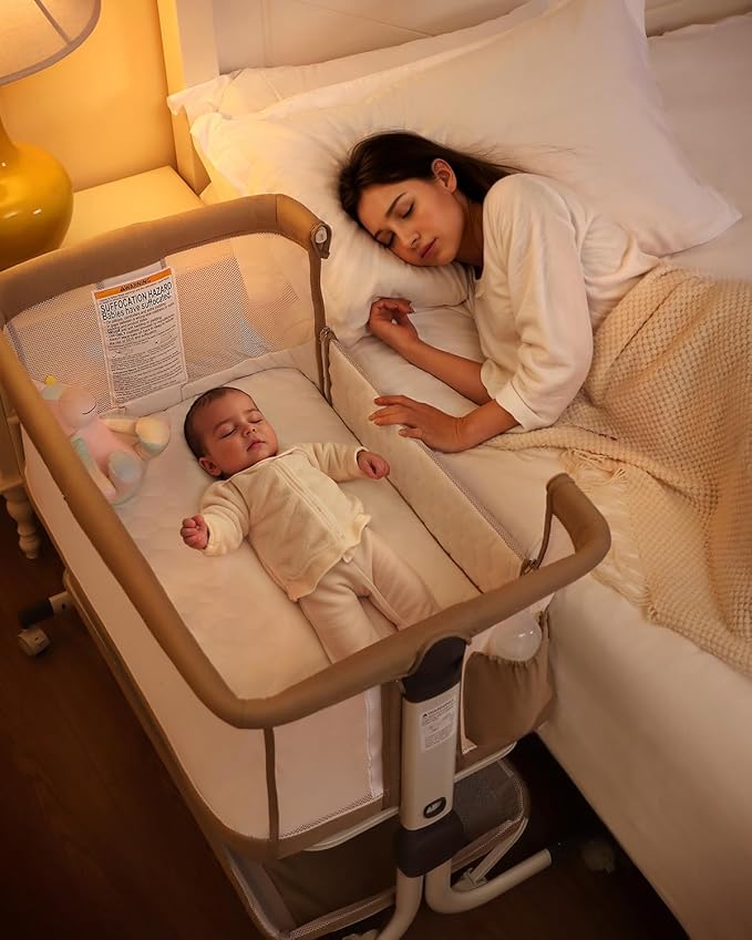 Baby Bassinet Bedside Sleeper, Upgraded Stability Bedside Crib with Full Mesh Sides, Soft Sheet, 6-Height Adjustment, Storage Basket, Easy Folding Portable Bassinet for Newborns,Camel