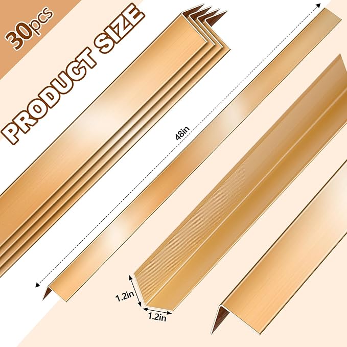 Therwen 30 Pcs Aluminum Alloy Metal Molding Corner Guards 48 x 1.2 x 1.2 Inches Wall Corner Guard Protectors with 90° Angle Door Frame Cabinet Baseboard Protector for Edge Wall Decoration (Golden)