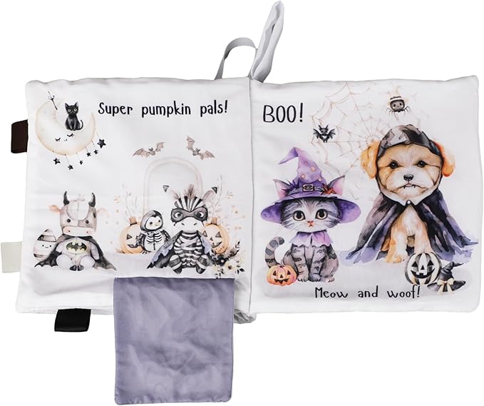 Ali+Oli Baby Cloth Book – Soft Sensory Crinkle Book with Teether for Infants 0-12 Months – Early Learning Touch & Feel Tummy Time Toy – Newborn Shower Gift for Christmas - Halloween Paws