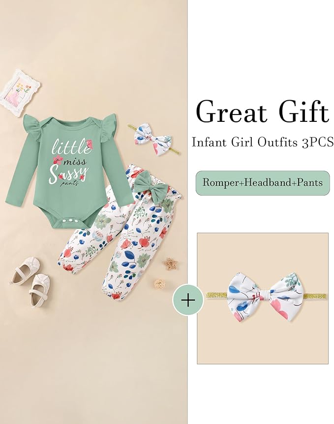 Baby Girl Clothes Newborn Infant Cotton Ruffle Romper+ Floral Pants + Headband Sets Fall Winter Outfits