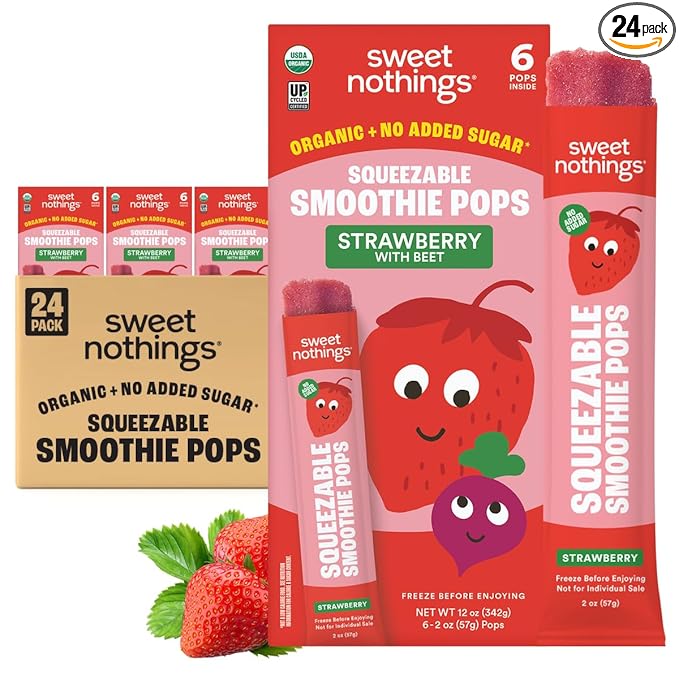 Sweet Nothings, Strawberry, USDA Organic Kids' Squeezable Fruit Smoothie Popsicle Pops, Value Pack of 24 - Dye-Free, No Added Sugar, Dairy-Free, Vegan, Organic Fruit and Veggie Pops, Freeze & Enjoy