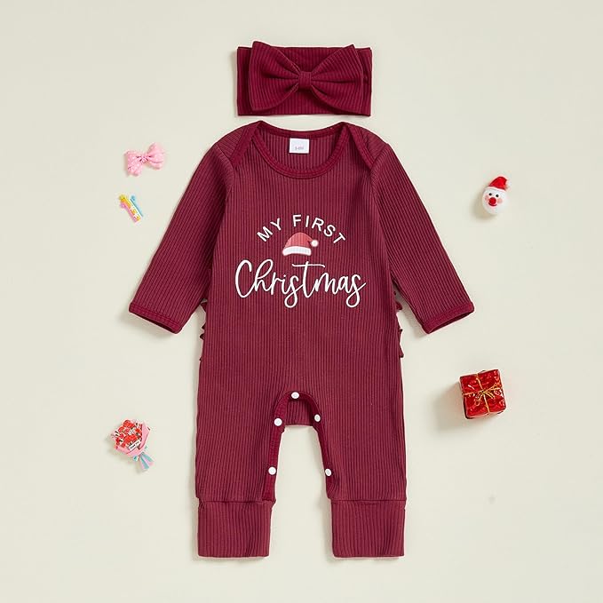 Newborn Baby Girls Rompers Knit Round Neck Long Sleeve Infant Fall Jumpsuits with Headband Coming Home Outfit