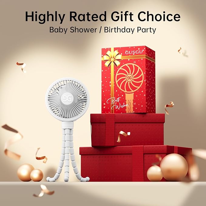 GUSGU Stroller Fan Clip on for Baby, Flexible Tripod & Rechargeable Battery, Small Personal Fan, Mini Portable Fan for Travel, Handheld, Car (White)