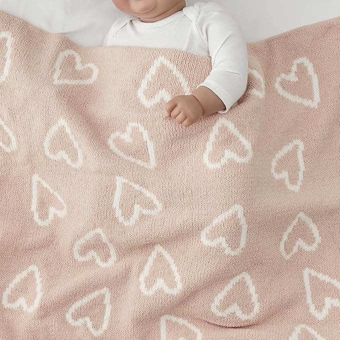 CREVENT 30"X40" Cozy Soft Warm Chenille Baby Blanket for Girls Boys, Newborn Essentials for Infant, Baby Shower Receiving Gift - Pink Heart