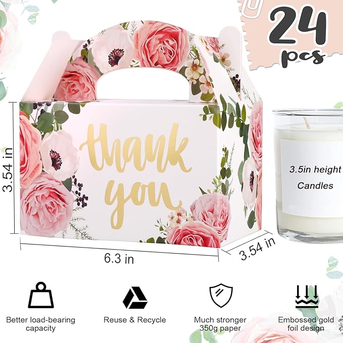 SOSFKIM Treat Boxes - 24 Pack Floral Design Embossed Gold Foil Cardboard Boxes - Party Favor Boxes Gable Boxes Perfect For Wedding, Birthday, Christmas, Celebrating 6.3x3.5x3.5 Inch