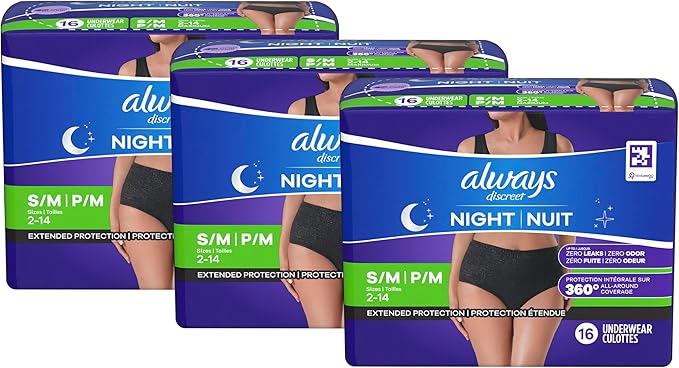 Always Discreet Adult Incontinence Overnight Underwear for Women, Small/Medium, Up to 100% Bladder Leak Protection, 48 Count (3 Packs of 16)