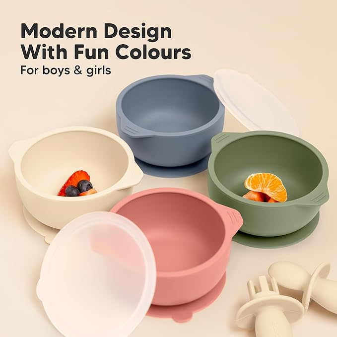 KeaBabies 2-Pack Baby Bowls with Suctions, Lids - Silicone Toddler Suction Bowls for Baby Boy, Girl, Kids, Food Grade Silicone, BPA-Free, Dishwasher Safe, Toddler Eating Essentials (Roseate)